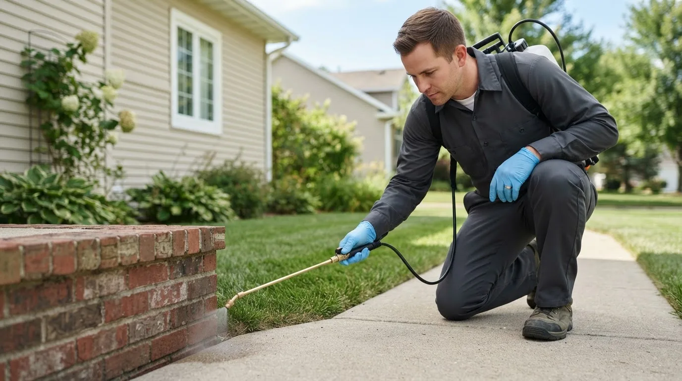 Pest control technician treating a home near Farwell, NE