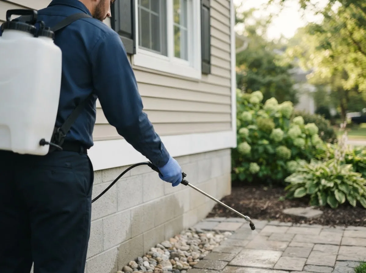 Pest control technician inspecting a home in Farwell, NE